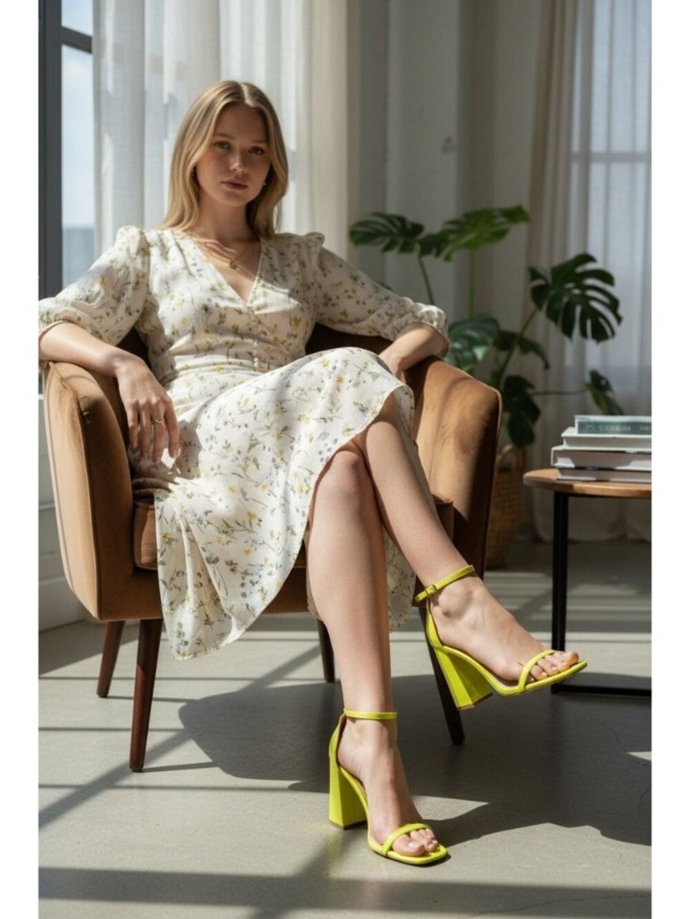 Neon Yellow Block Heel Sandals With Adjustable Ankle Strap Open Toe Design And G - Picture 4 of 15